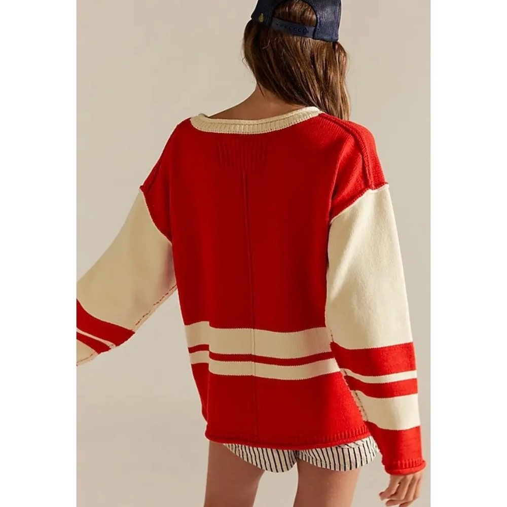 Free People Red and Cream Stripe Pullover Sweater - Picture 3 of 9